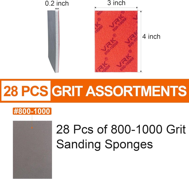 VRKET 28 Pcs 800-1000 Grit Sanding Sponge,Ultra Fine Sandpaper,Soft Foam Hand Sander Block Wet Dry Sanding Pads for Automobile Wood Furniture Metal Drywall Polishing - Image 2